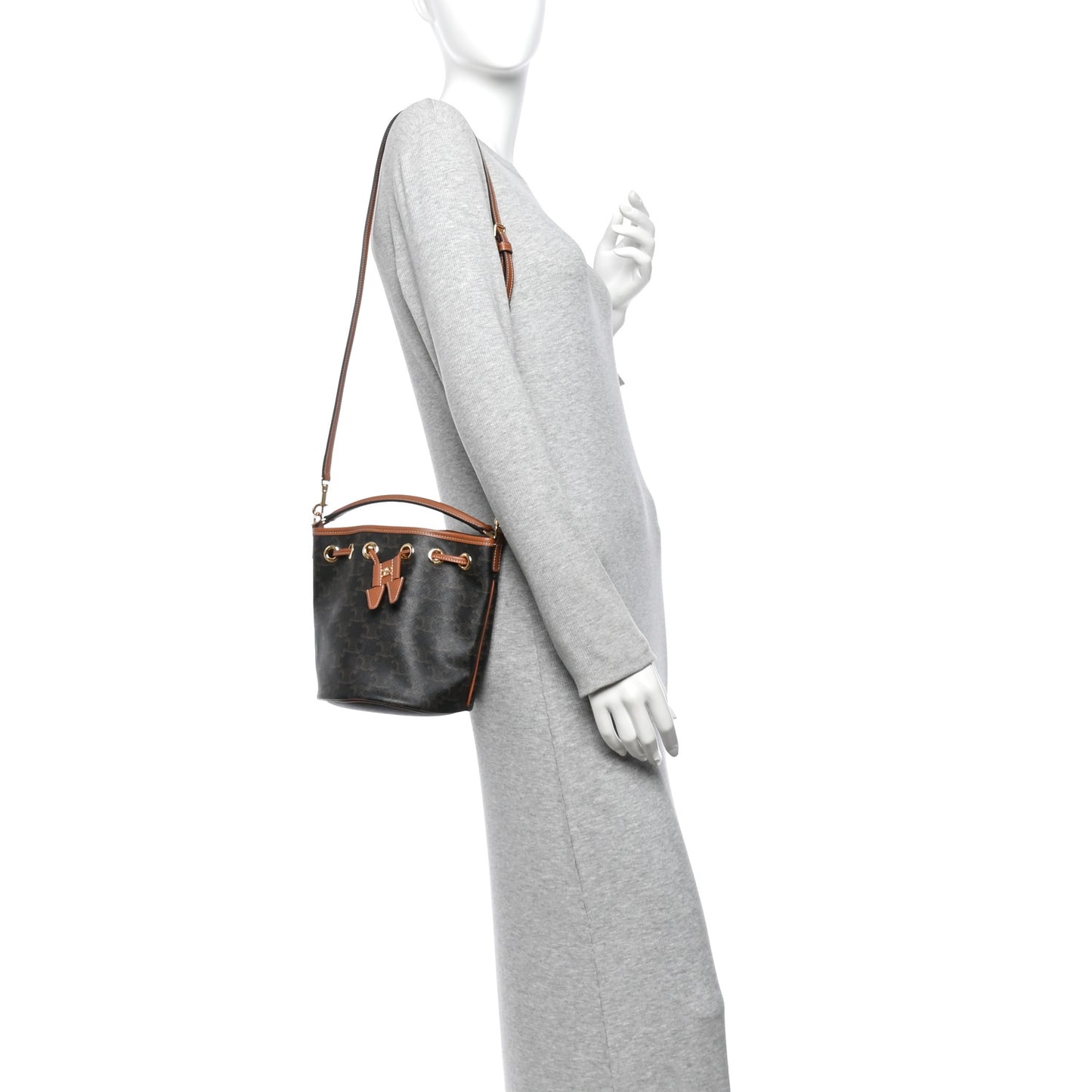 Triomphe Canvas Calfskin Teen Clara Drawstring Bucket Bag Tan