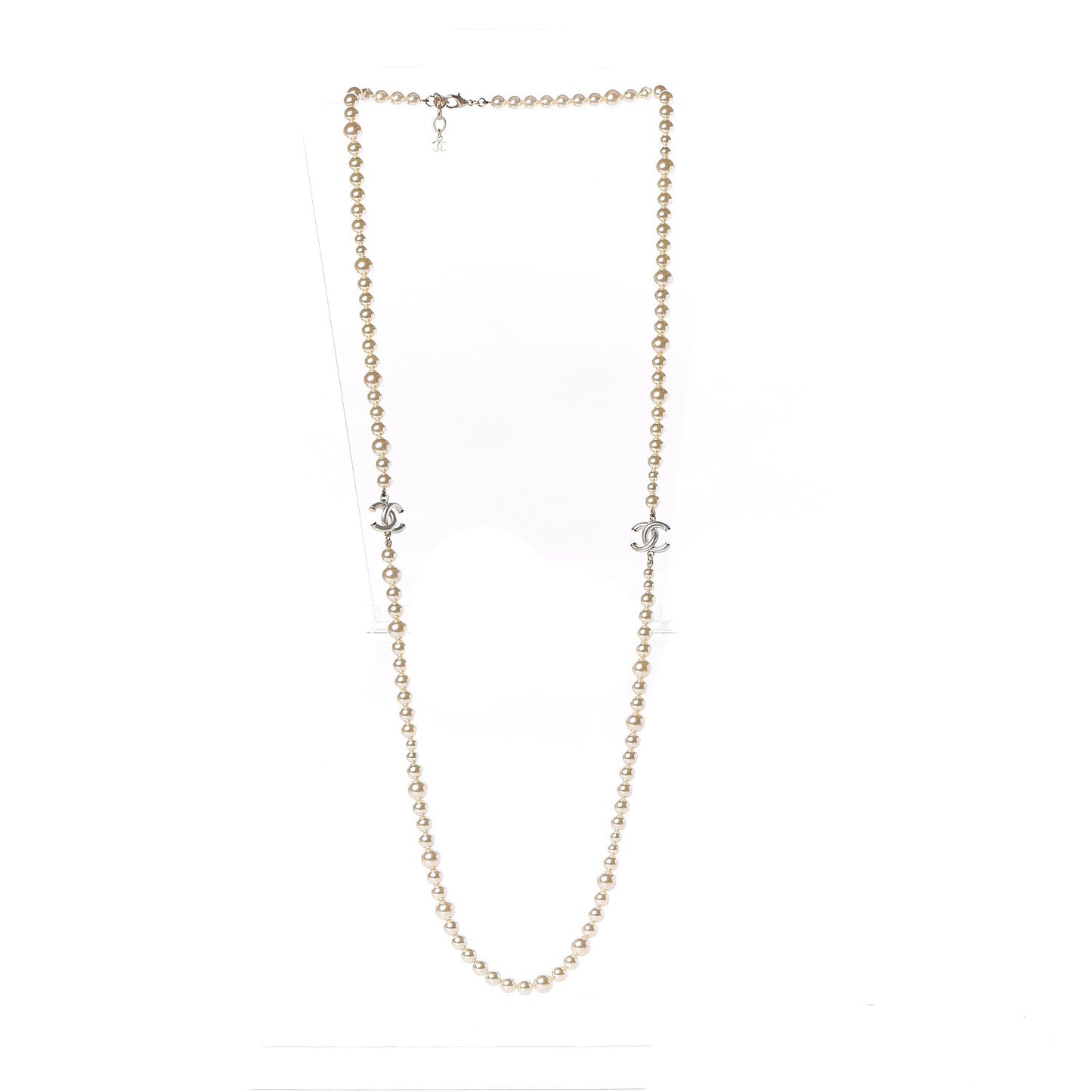 Graduated Pearl CC Long Necklace Light Gold