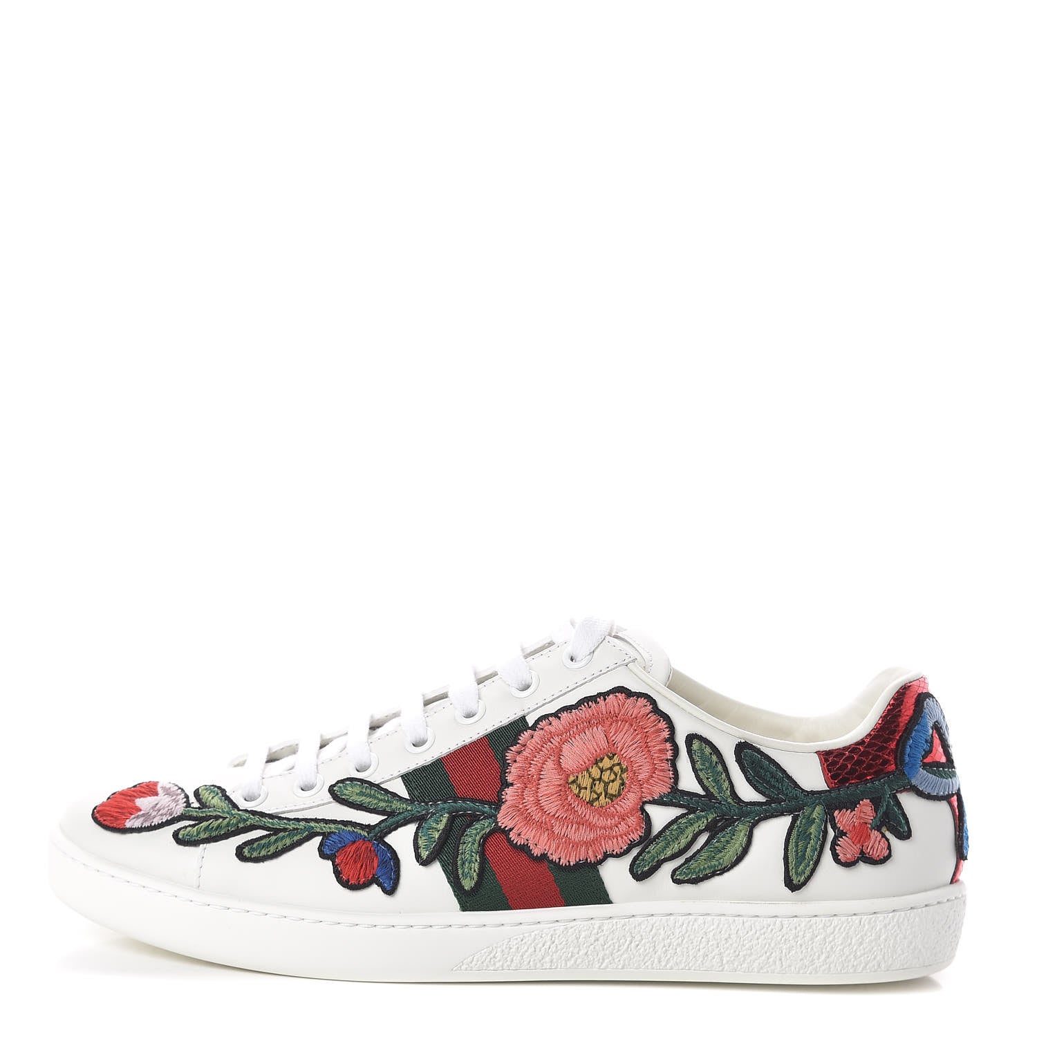 Gucci Calfskin Web Floral Embroidered Womens Ace Sneakers 38 White 1 of 8