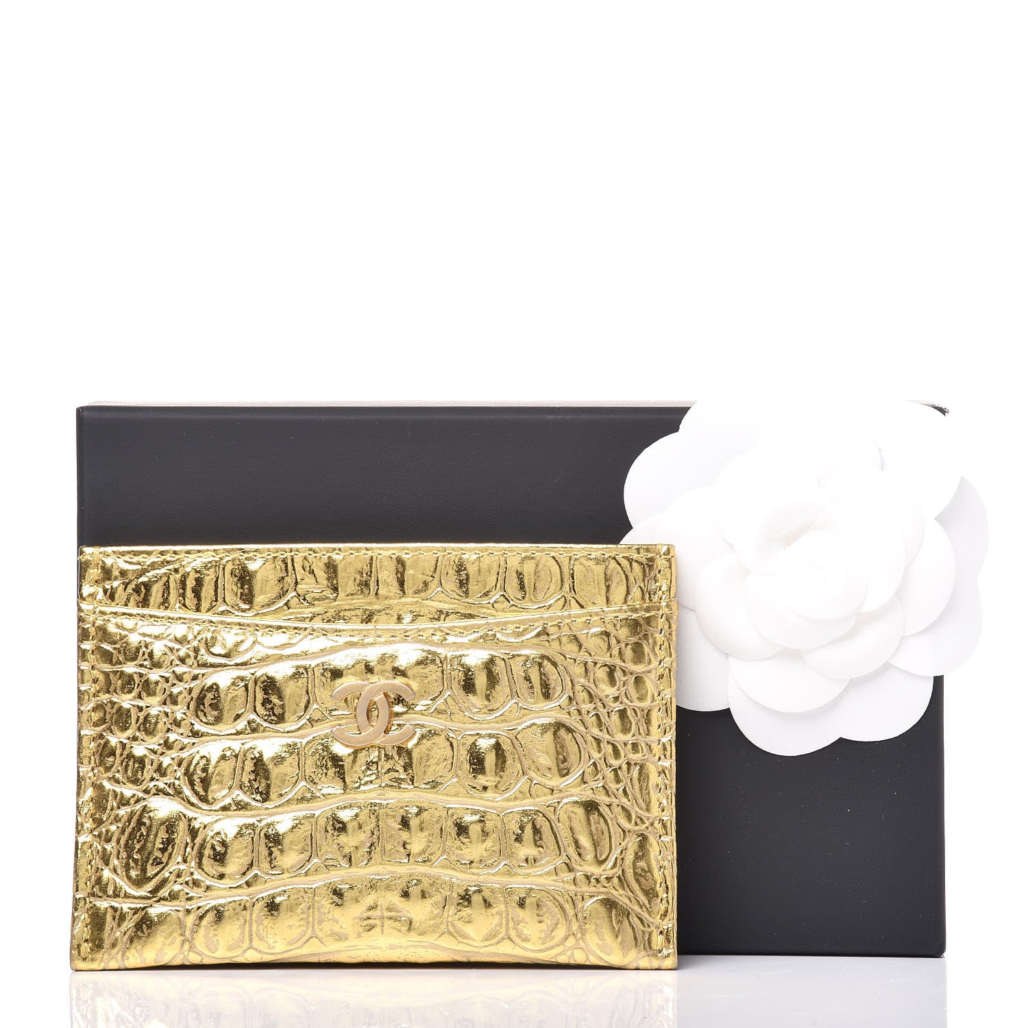 Chanel Metallic Calfskin Crocodile Embossed Cocodile Card Holder Gold 9 of 9