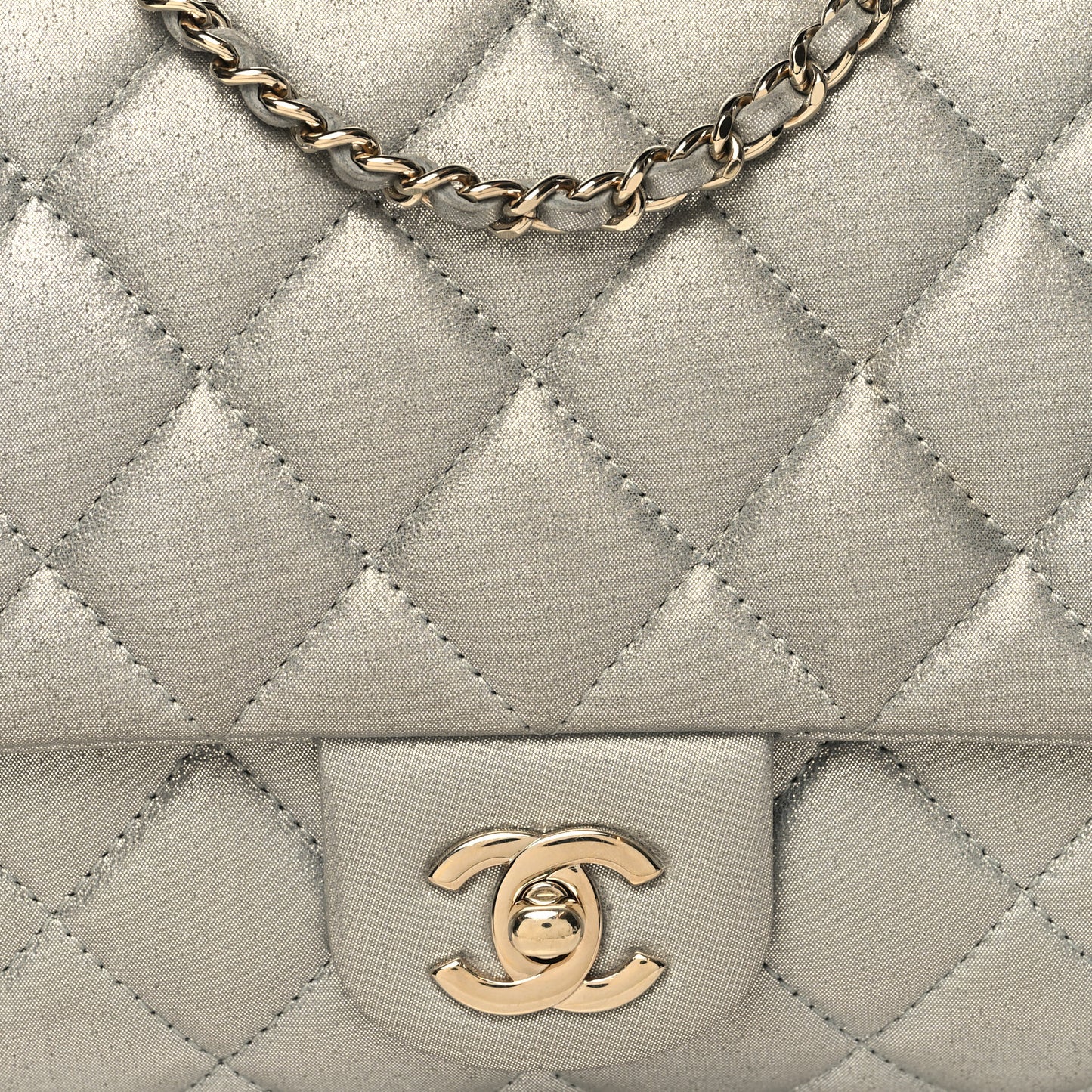 Iridescent Calfskin Quilted Clutch With Chain Flap Silver