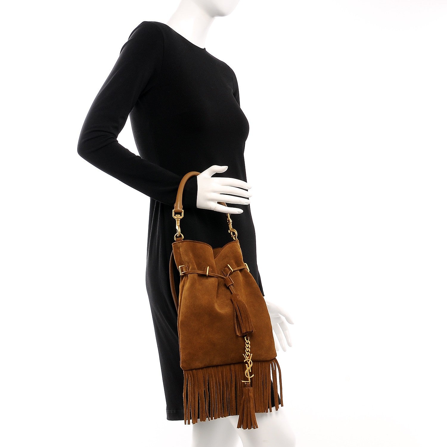Saint Laurent Suede Fringe Small Monogram Bucket Bag Light Ocre 3 of 8