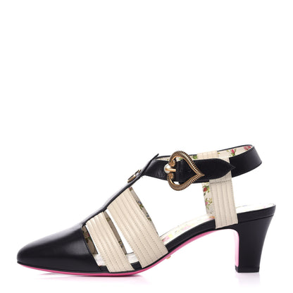 Gucci Malaga Kid T-Strap Mid Heel Sandals 39.5 Black White 1 of 7