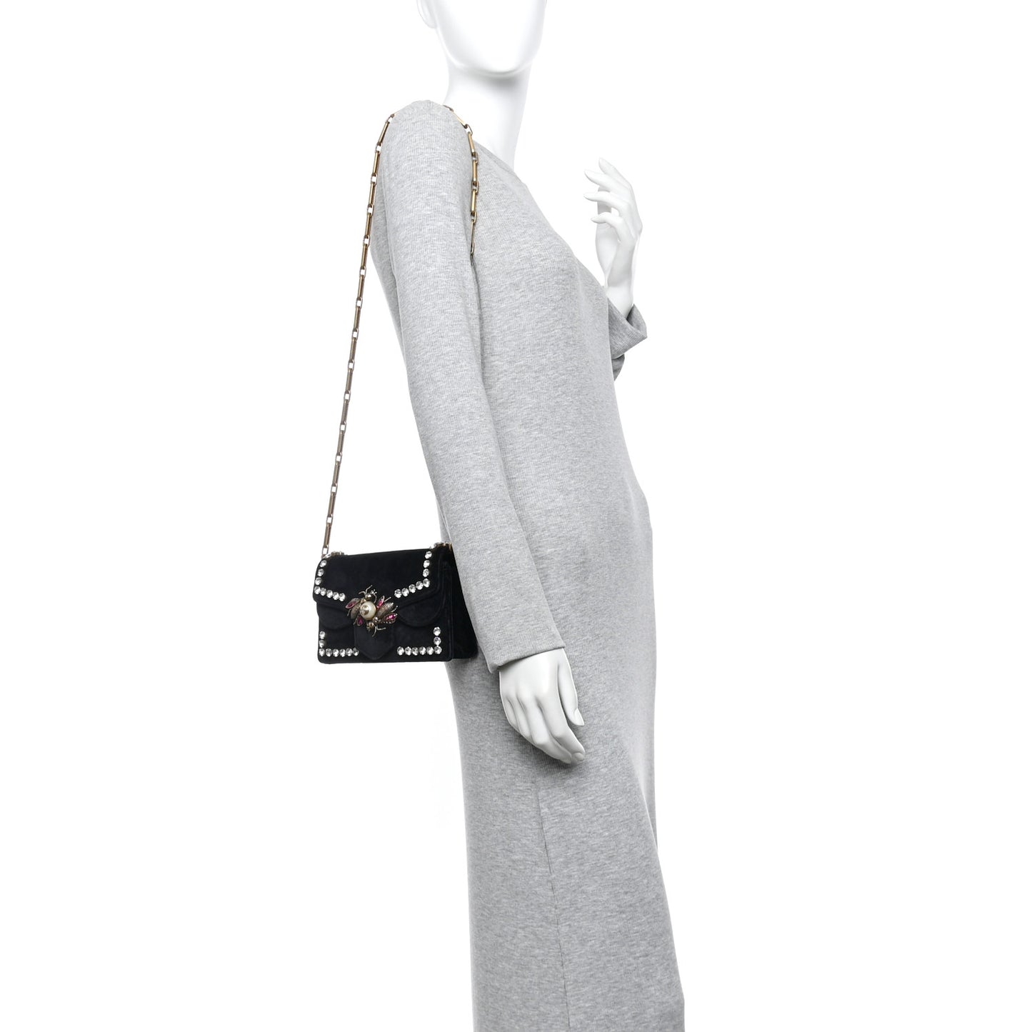 Velvet Crystal Mini Bee Broadway Shoulder Bag Black