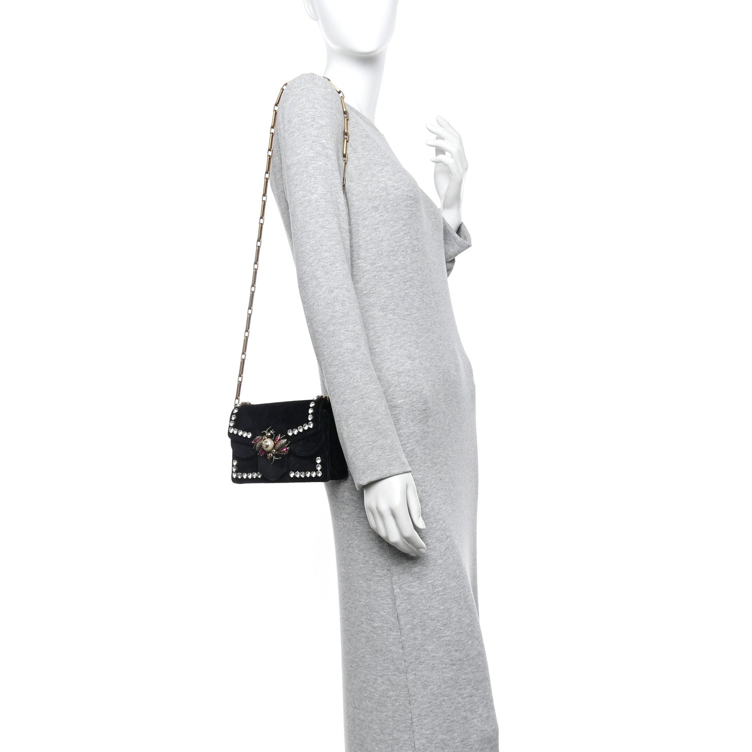 Gucci Velvet Crystal Mini Bee Broadway Shoulder Bag Black 2 of 10