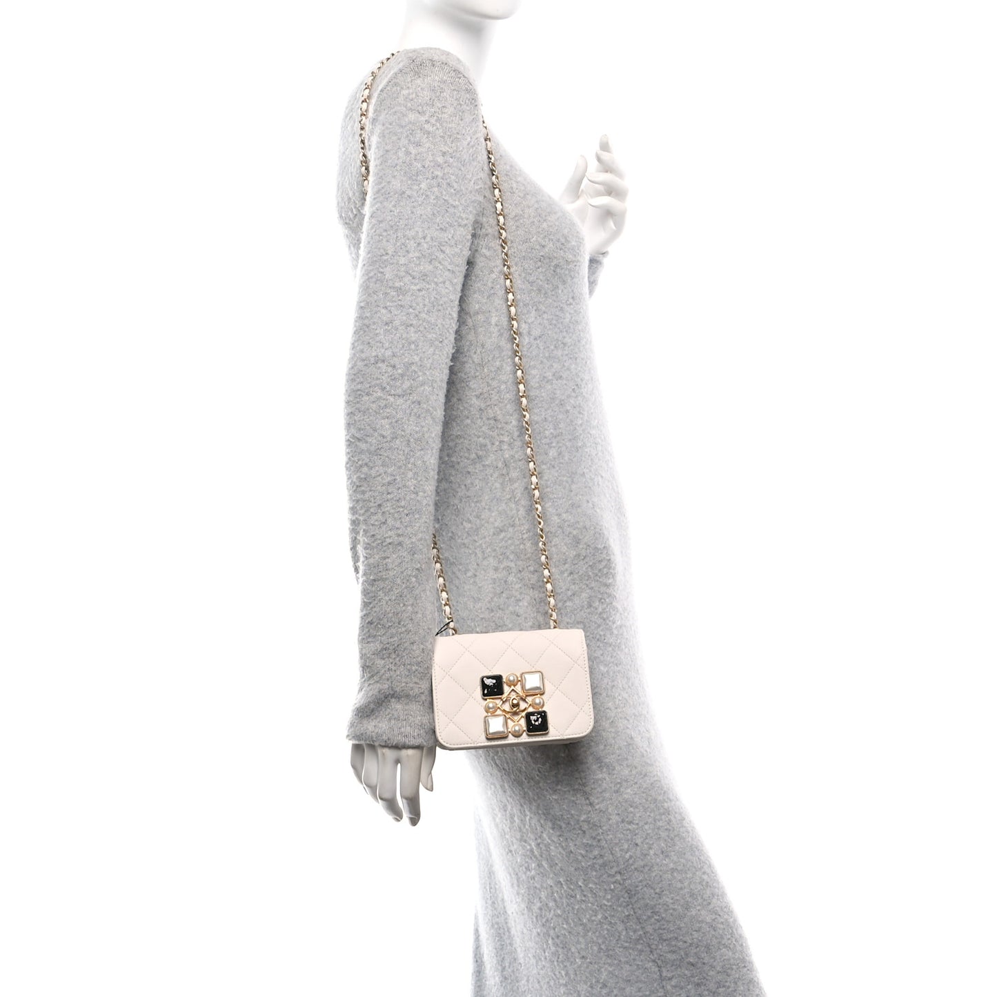 Calfskin Quilted Crystal Pearl Mini Flap Bag White