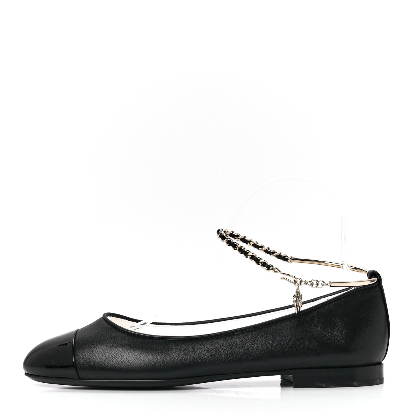 Lambskin Patent Calfskin Cap Toe Ankle Chain Ballerina Flats 38 Black