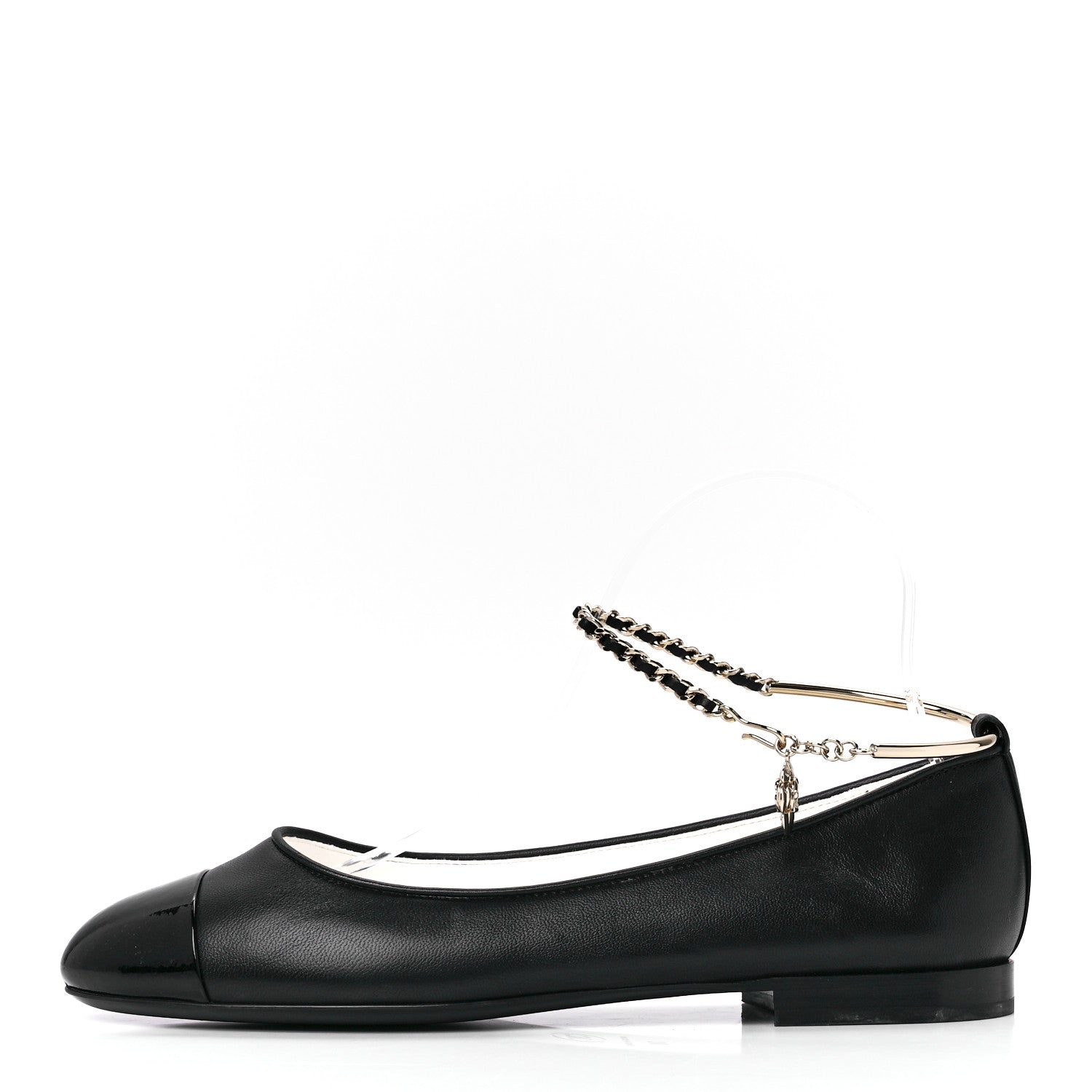 Chanel Lambskin Patent Calfskin Cap Toe Ankle Chain Ballerina Flats 38 Black 1 of 9