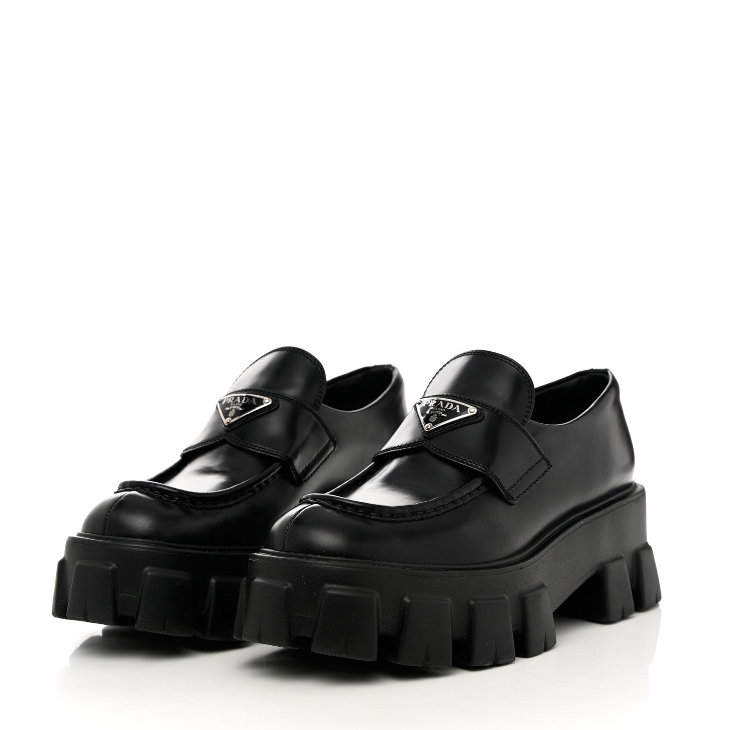 Prada Spazzolato Rois Metal Triangle Logo Monolith 55mm Loafers 37.5 Black 3 of 14