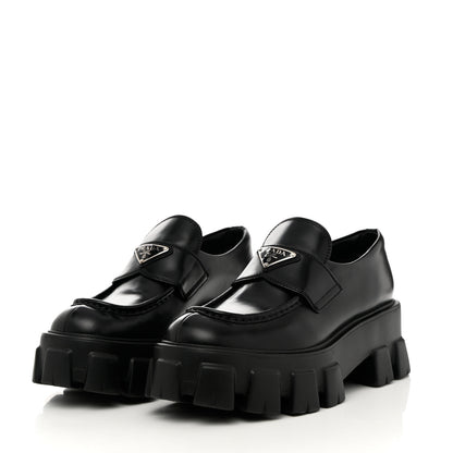 Prada Spazzolato Rois Metal Triangle Logo Monolith 55mm Loafers 37.5 Black 3 of 14