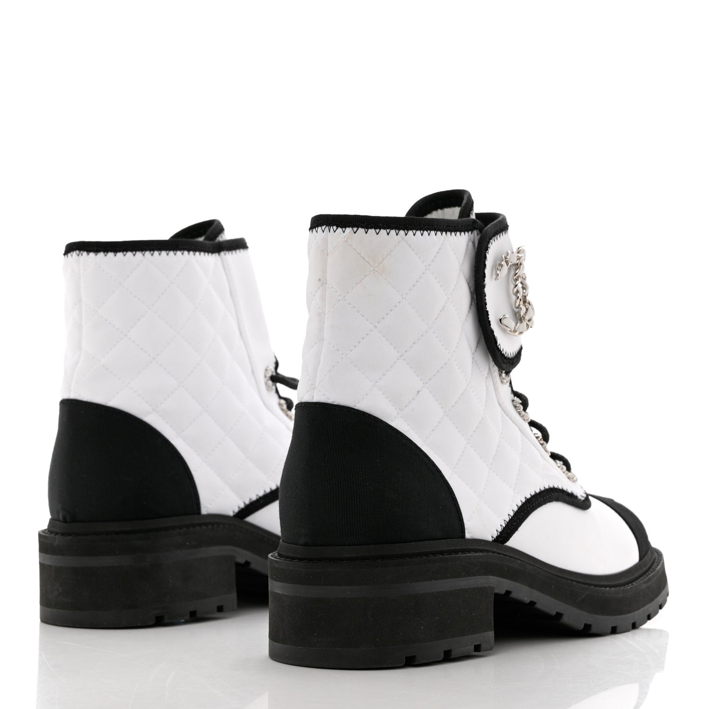 Fabric Grosgrain Quilted Cap Toe Lace Up Combat Boots 40 White Black