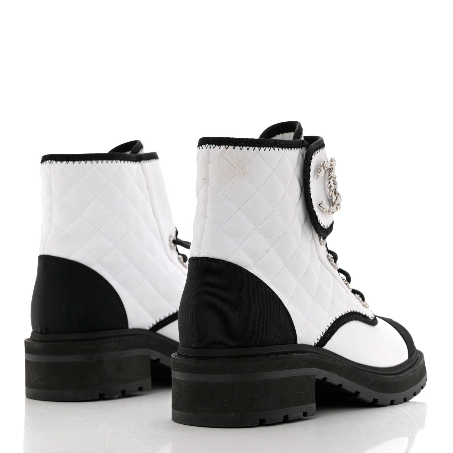 Chanel Fabric Grosgrain Quilted Cap Toe Lace Up Combat Boots 40 White Black 4 of 12