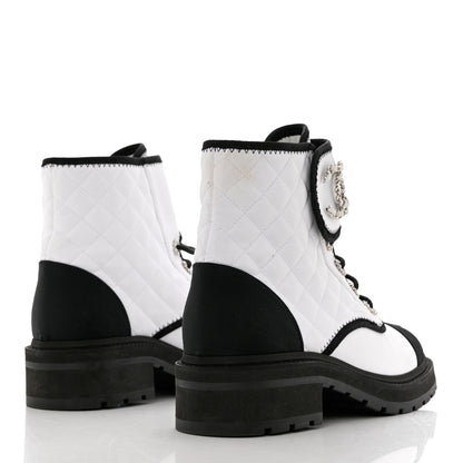 Chanel Fabric Grosgrain Quilted Cap Toe Lace Up Combat Boots 40 White Black 4 of 12
