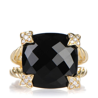 David Yurman 18k Yellow Gold Black Onyx Pave Diamond 15mm Cushion On Point Ring 7.25 1 of 5