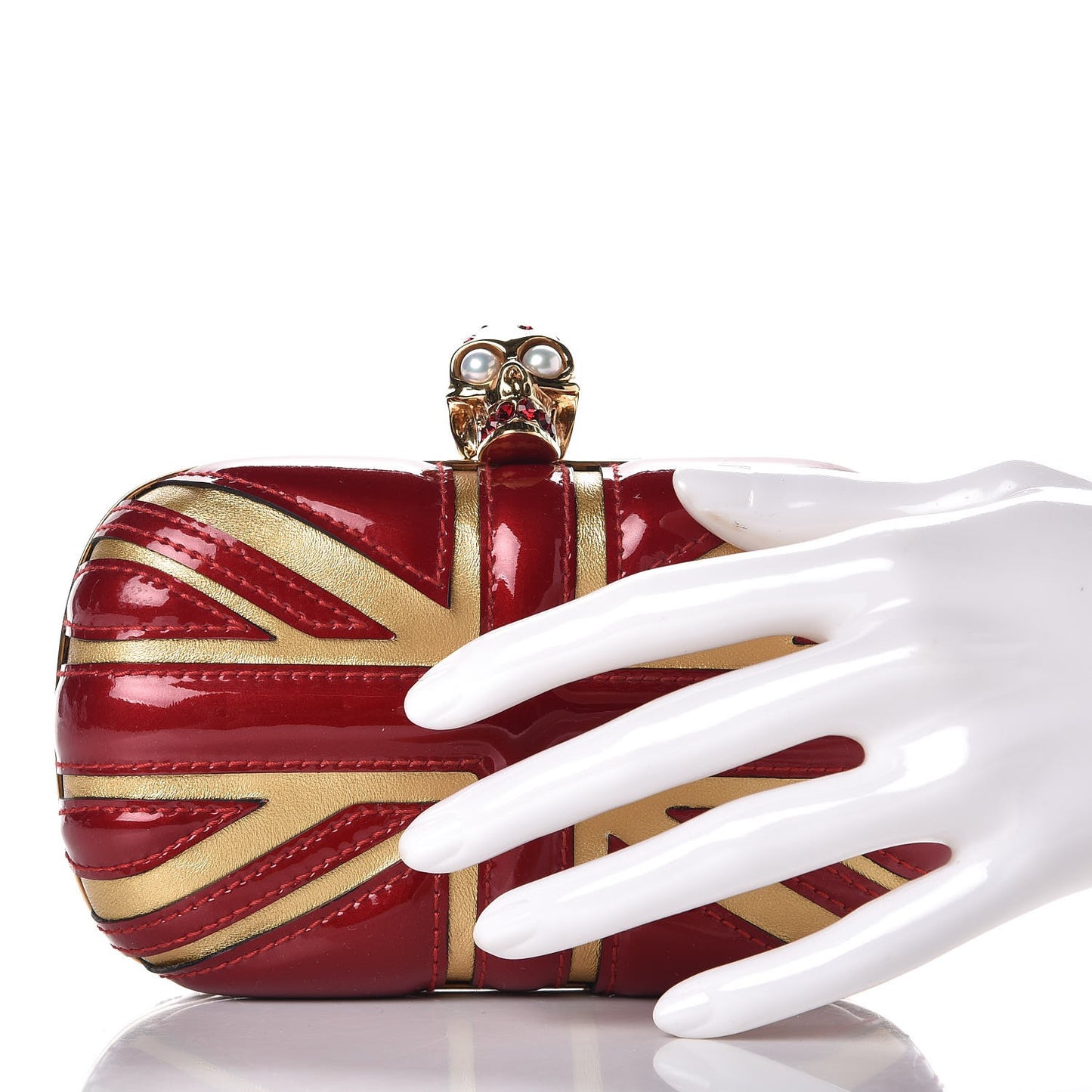 Patent Calfskin Britannia Skull Box Clutch Red Gold