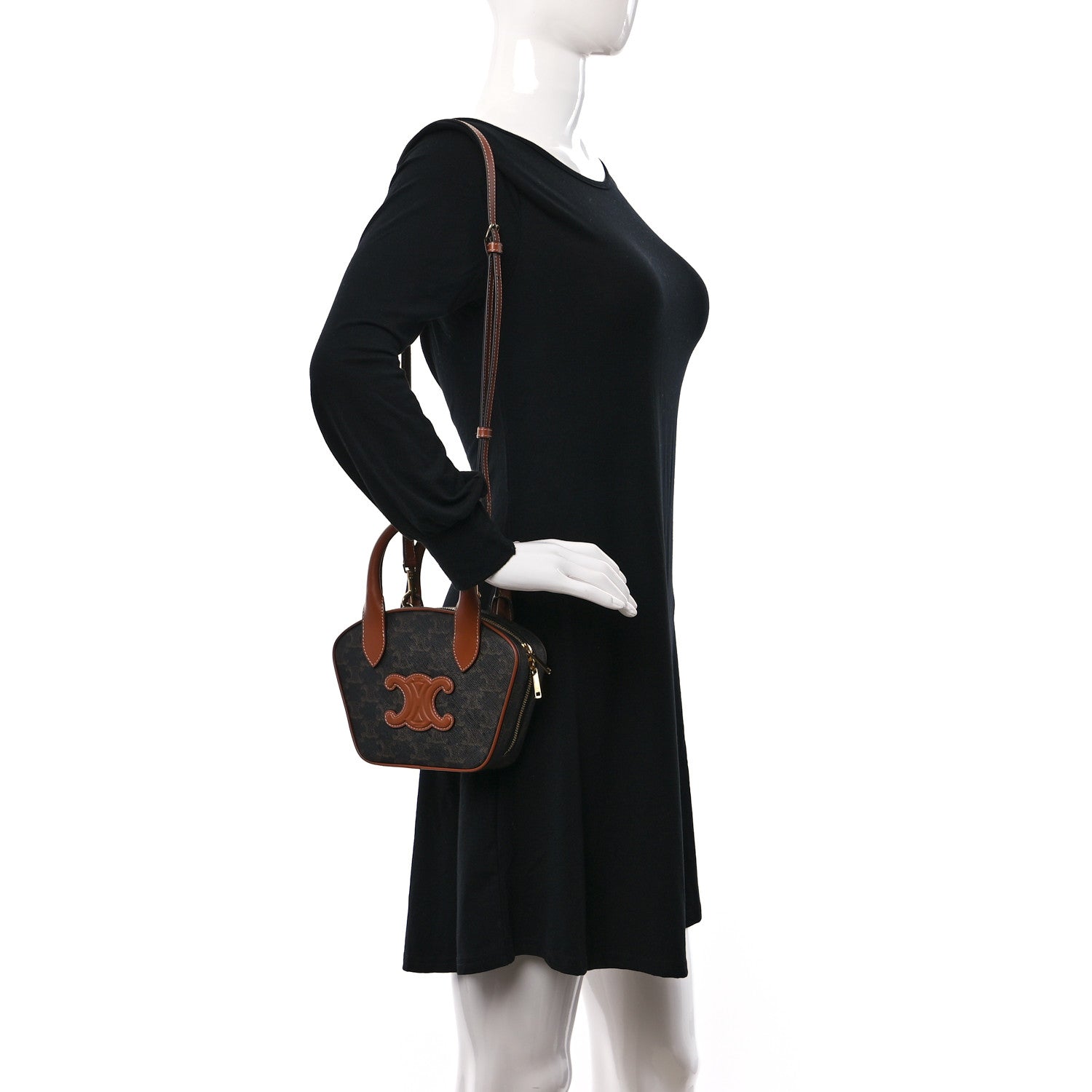 Celine Calfskin Triomphe Canvas Mini Bowling Bag Tan 2 of 8