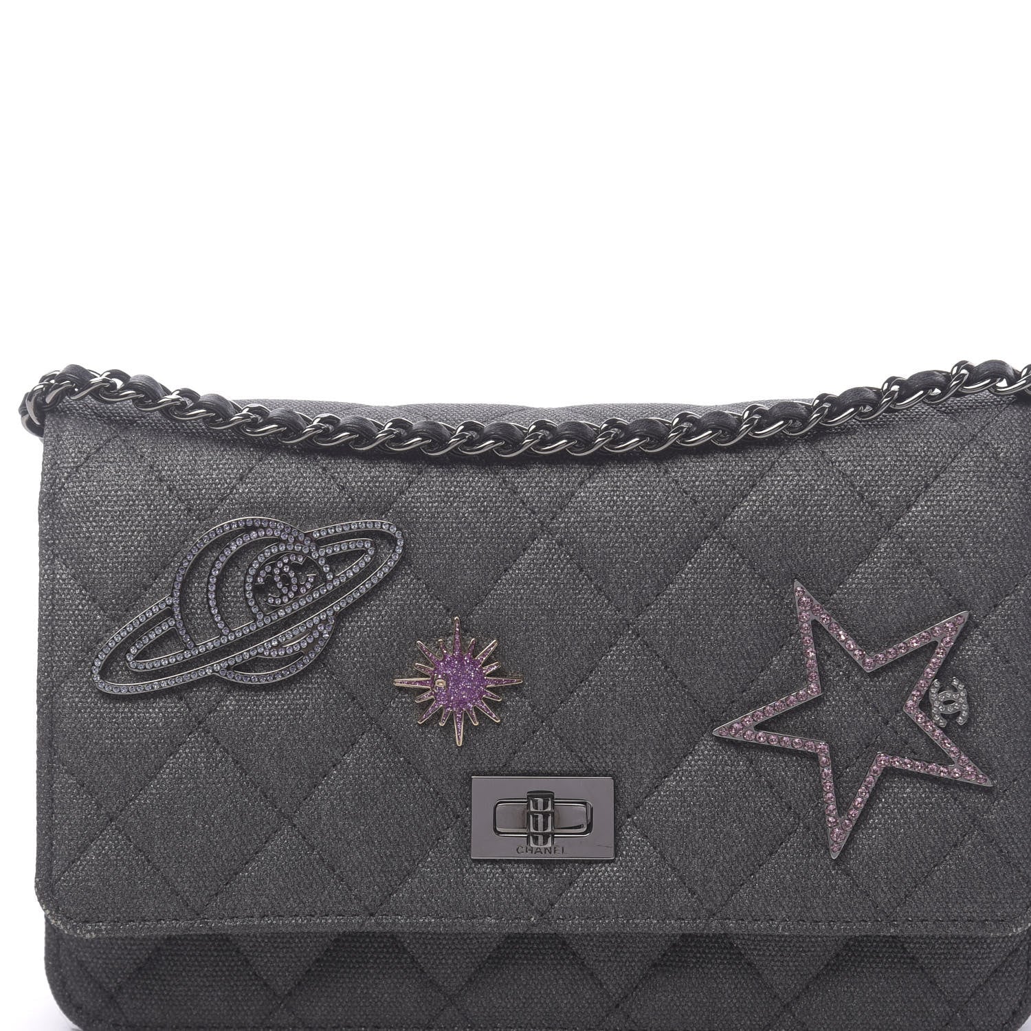 Chanel Metallic Canvas Quilted Space Charms Wallet On Chain WOC Grey 12 of 13