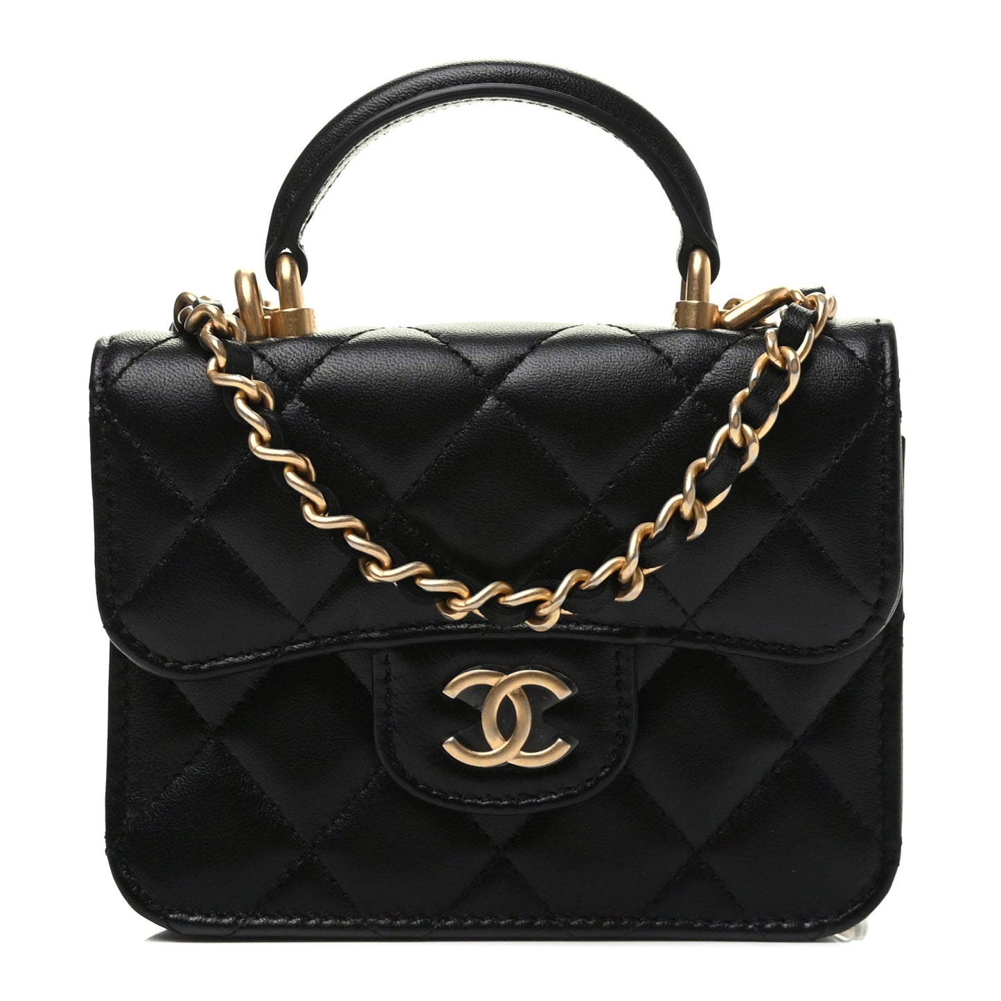 Lambskin Quilted Top Handle Flap Coin Purse With Chain Black