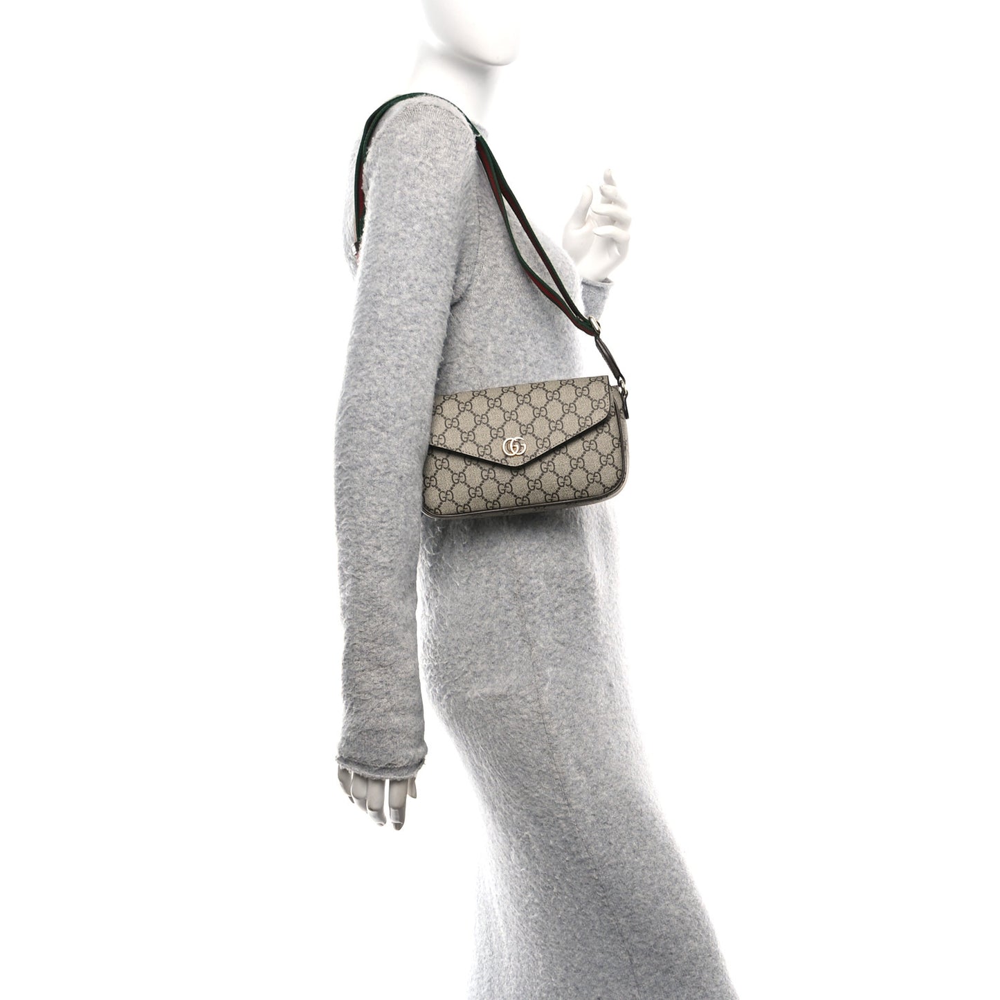 GG Supreme Monogram Textured Dollar Calfskin Web Mini Ophidia Envelope Shoulder Bag Beige Ebony