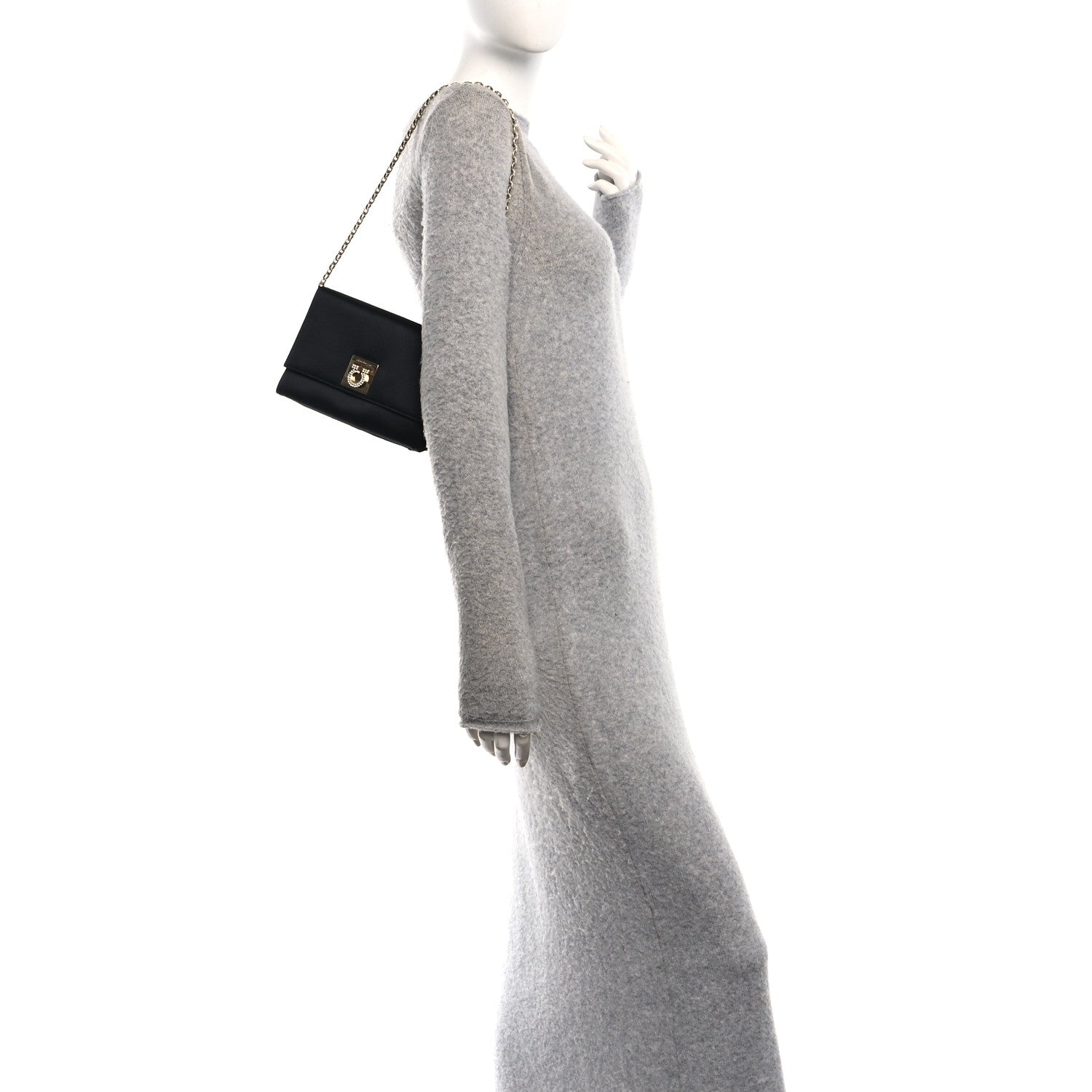 Salvatore Ferragamo Satin Crystal Gancini Chain Flap Bag Black 2 of 13
