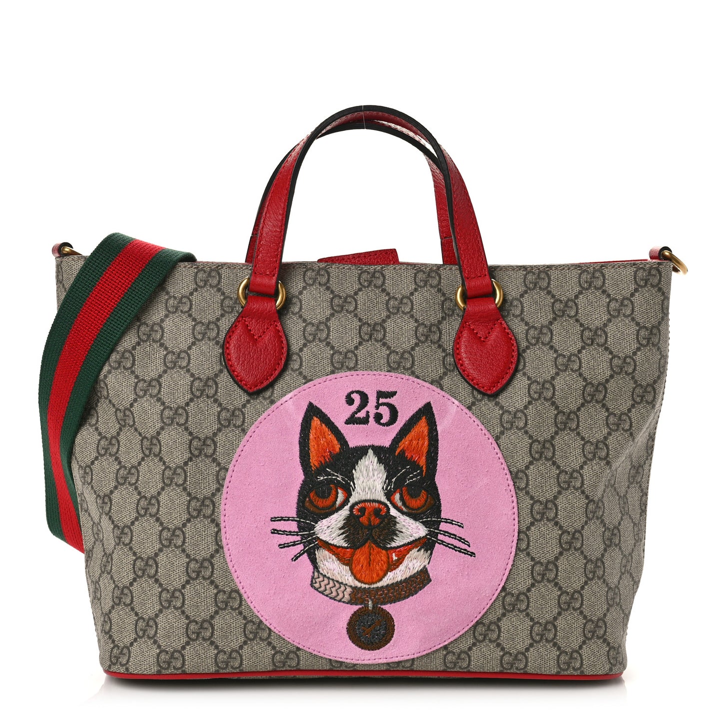 Soft GG Supreme Monogram Web Bosco Patch Small Crossbody Tote Beige Malva Hibiscus Red