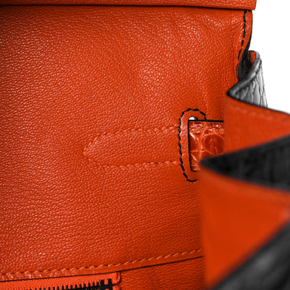 Hermes Shiny Porosus Crocodile Birkin 40 Black Orange 23 of 43