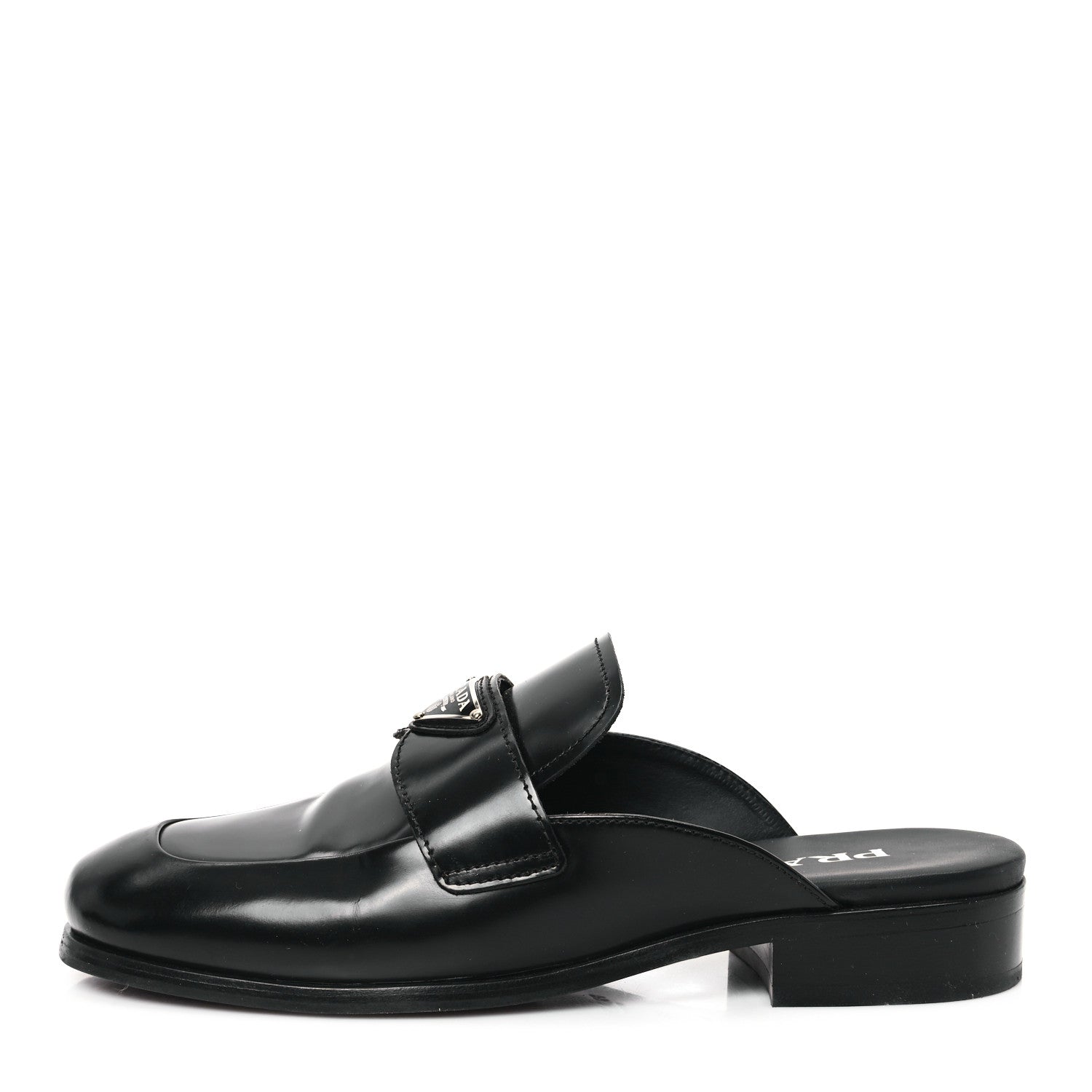 Prada City Calfskin Metal Triangle Logo 20mm Flat Mules 37 Black 1 of 9