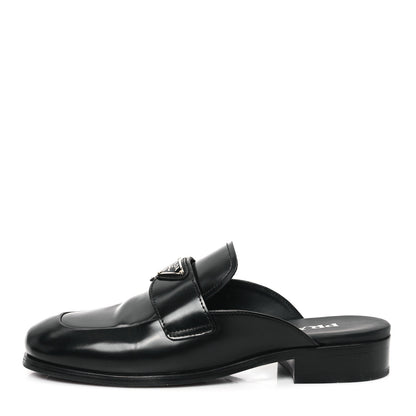 Prada City Calfskin Metal Triangle Logo 20mm Flat Mules 37 Black 1 of 9