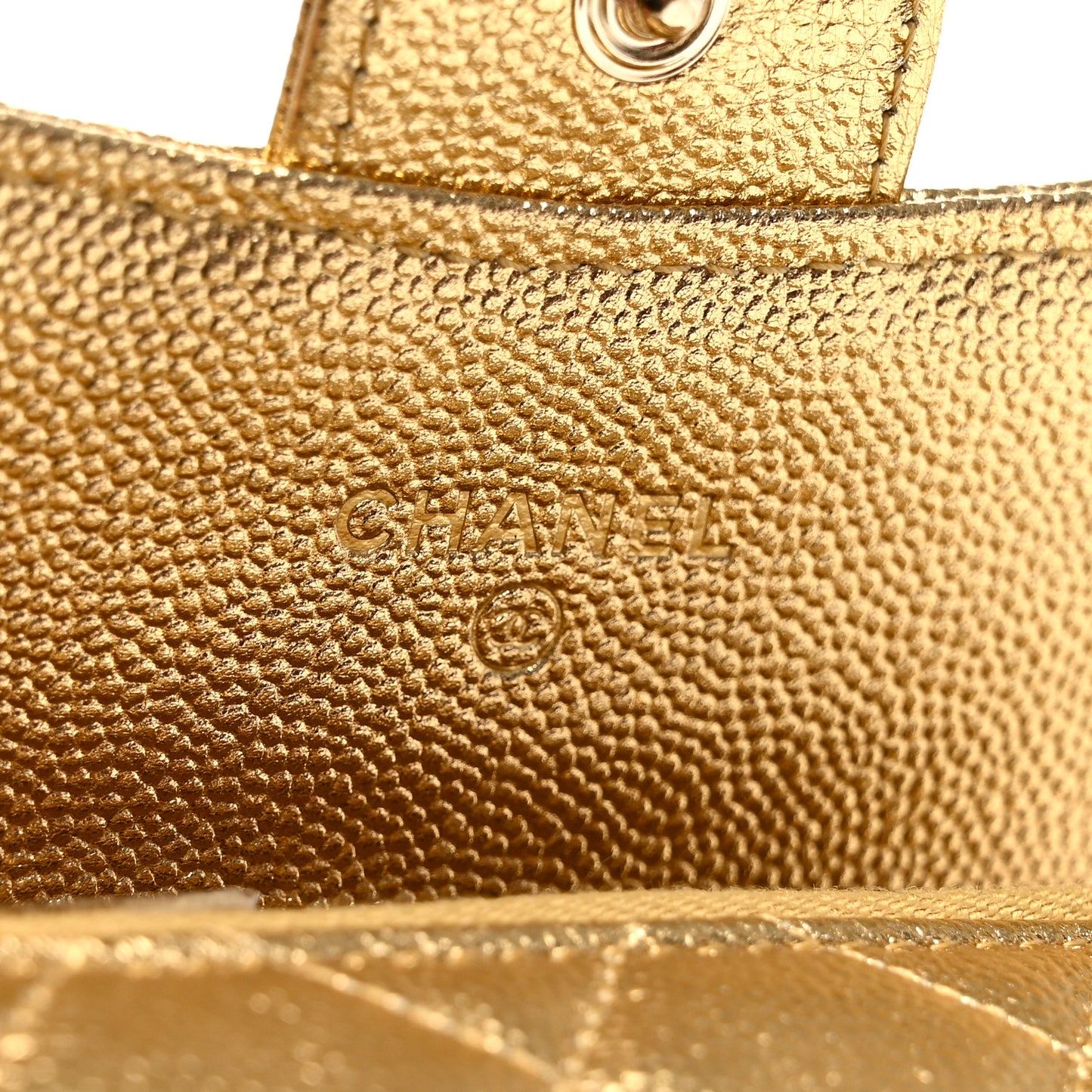 Metallic Caviar Quilted Flap Card Holder Wallet Gold