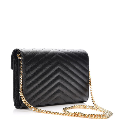 Saint Laurent Grain De Poudre Matelasse Chevron Monogram Chain Wallet Black 3 of 8