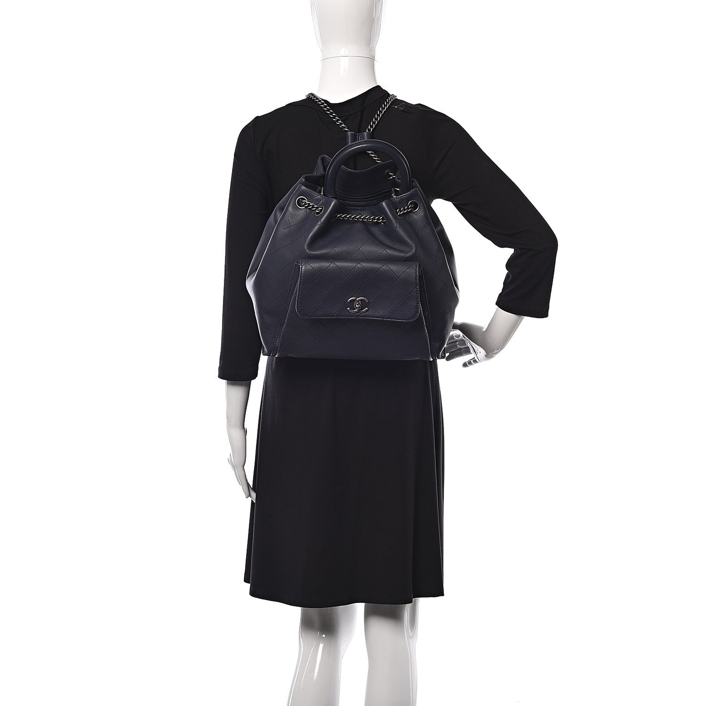 Calfskin Stitched Large Urban Luxury Drawstring Backpack Navy Blue