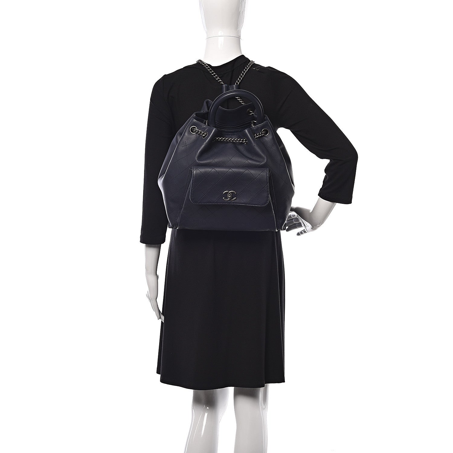 Chanel Calfskin Stitched Large Urban Luxury Drawstring Backpack Navy Blue 2 of 15