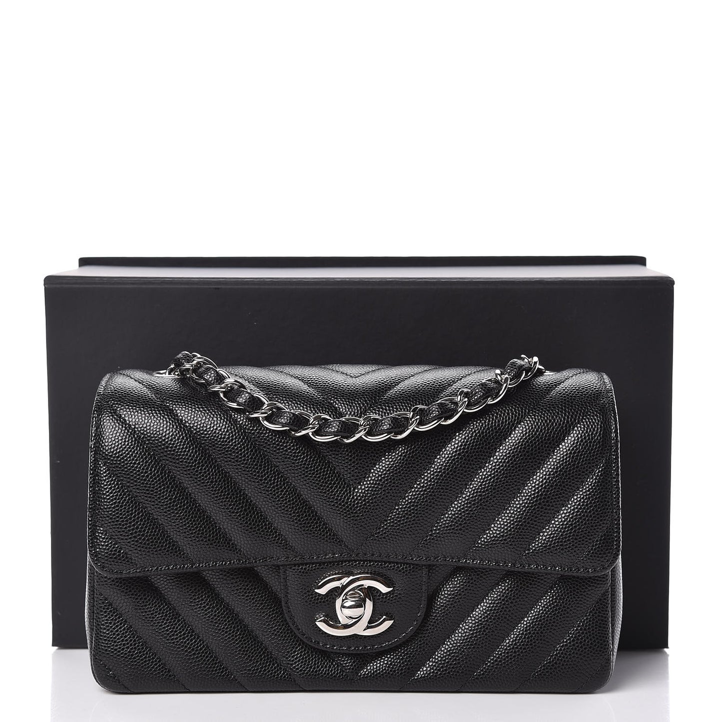 Caviar Chevron Quilted Mini Rectangular Flap Black