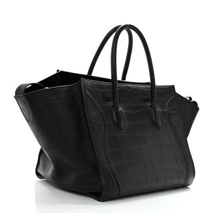 Celine Calfskin Crocodile Embossed Medium Phantom Luggage Black 2 of 14