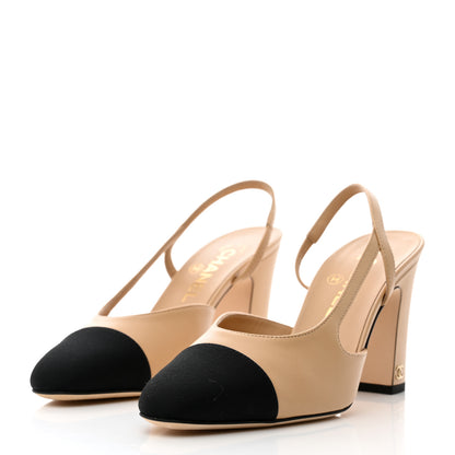 Chanel Lambskin Grosgrain Cap Toe CC Slingback Pumps 37.5 Beige Black 3 of 9