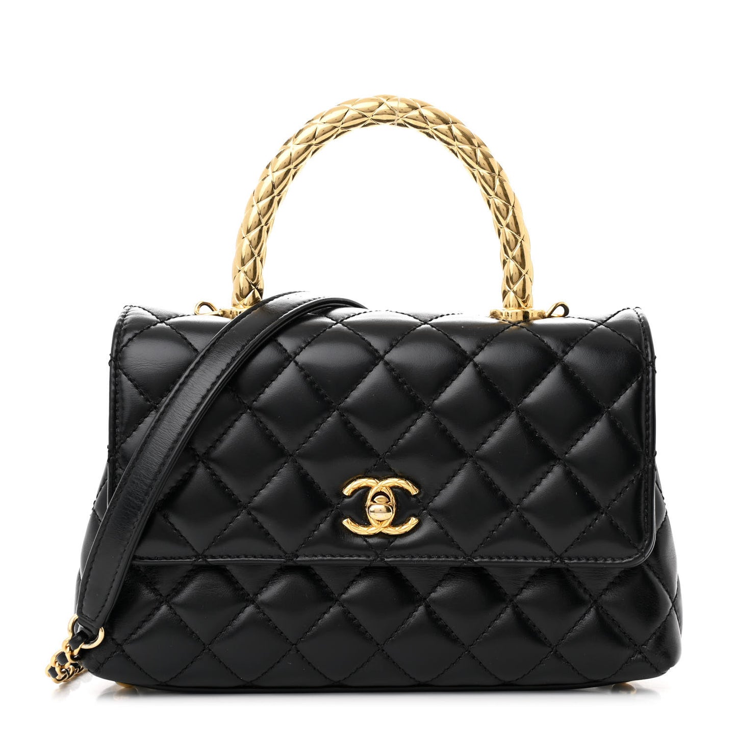 Shiny Calfskin Quilted Mini Coco Chain Gold Handle Flap Black