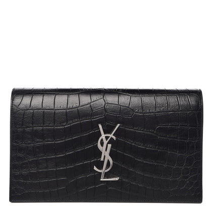 Saint Laurent Calfskin Crocodile Embossed Classic Kate Monogram Clutch Black 1 of 8