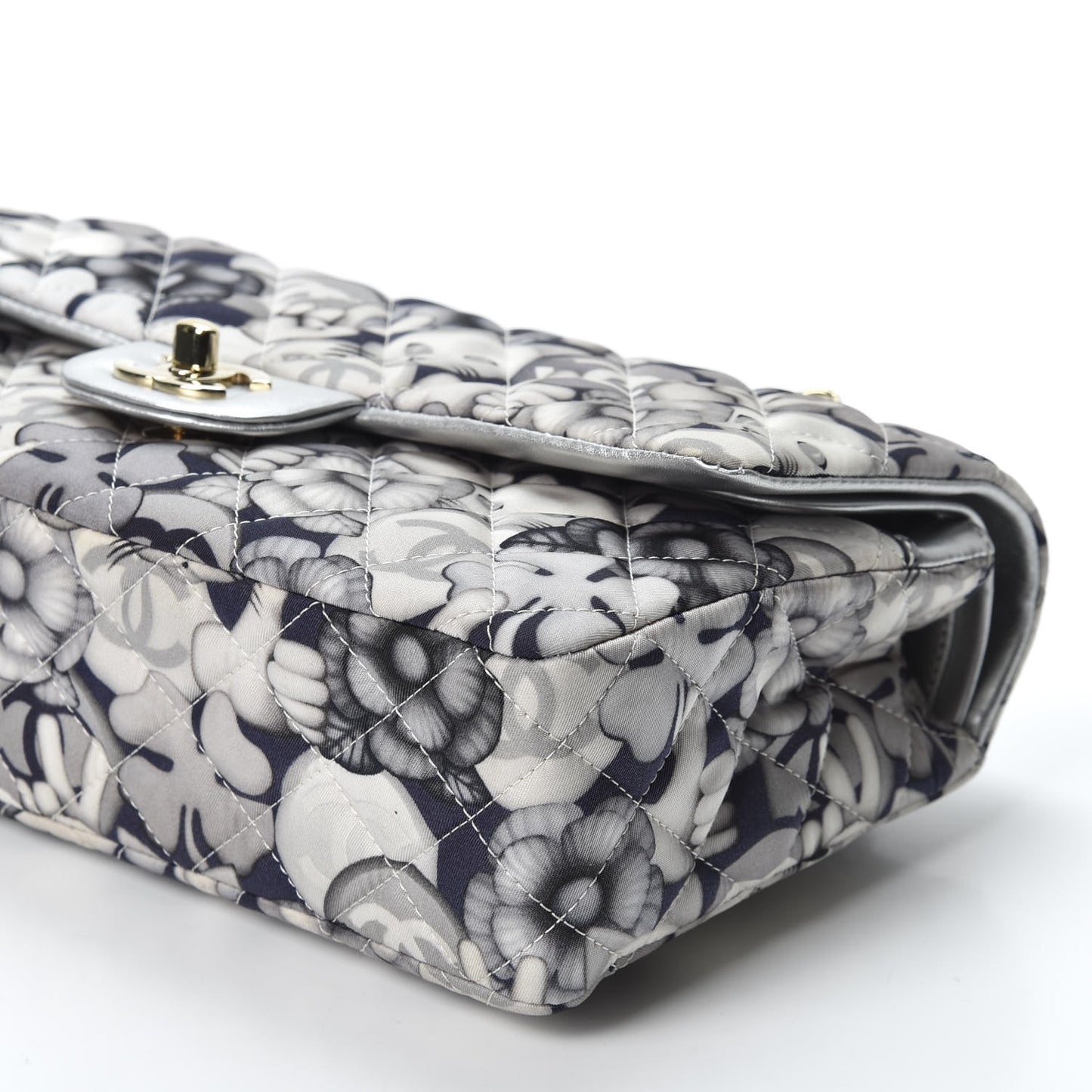 Nylon Quilted Medium Cat Emoticon Double Flap Navy Grey Ecru