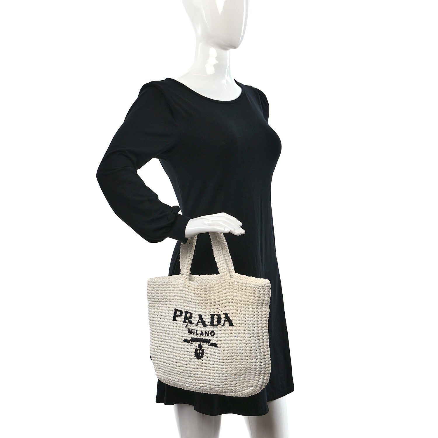 Prada Yarn Raffia Effect Crochet Embroidered Small Logo Tote White 2 of 9
