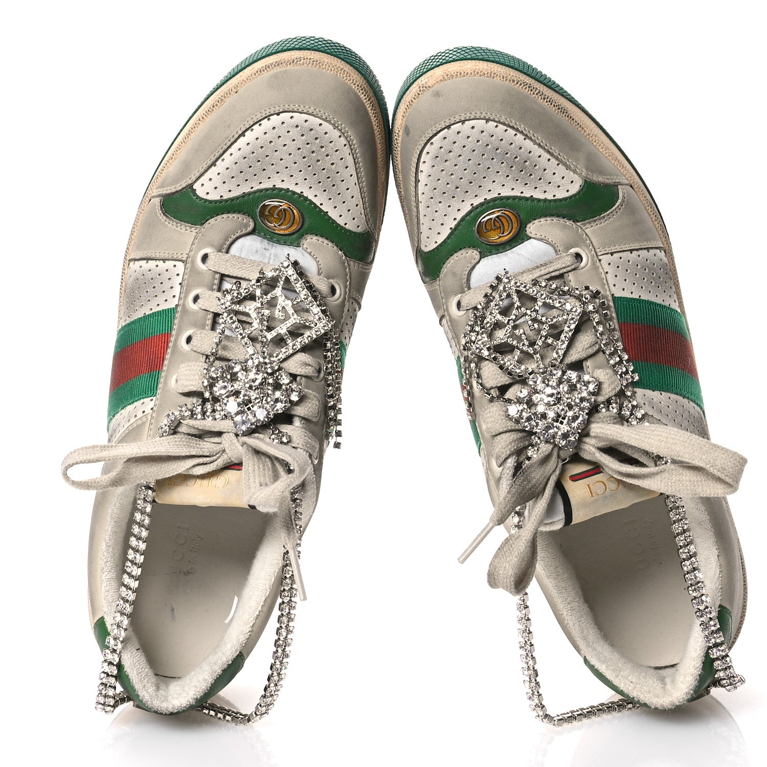 Gucci Nubuck Calfskin Web Removable Crystals Womens Screener Sneakers 41 Dusty Milk New Mystic White 2 of 8