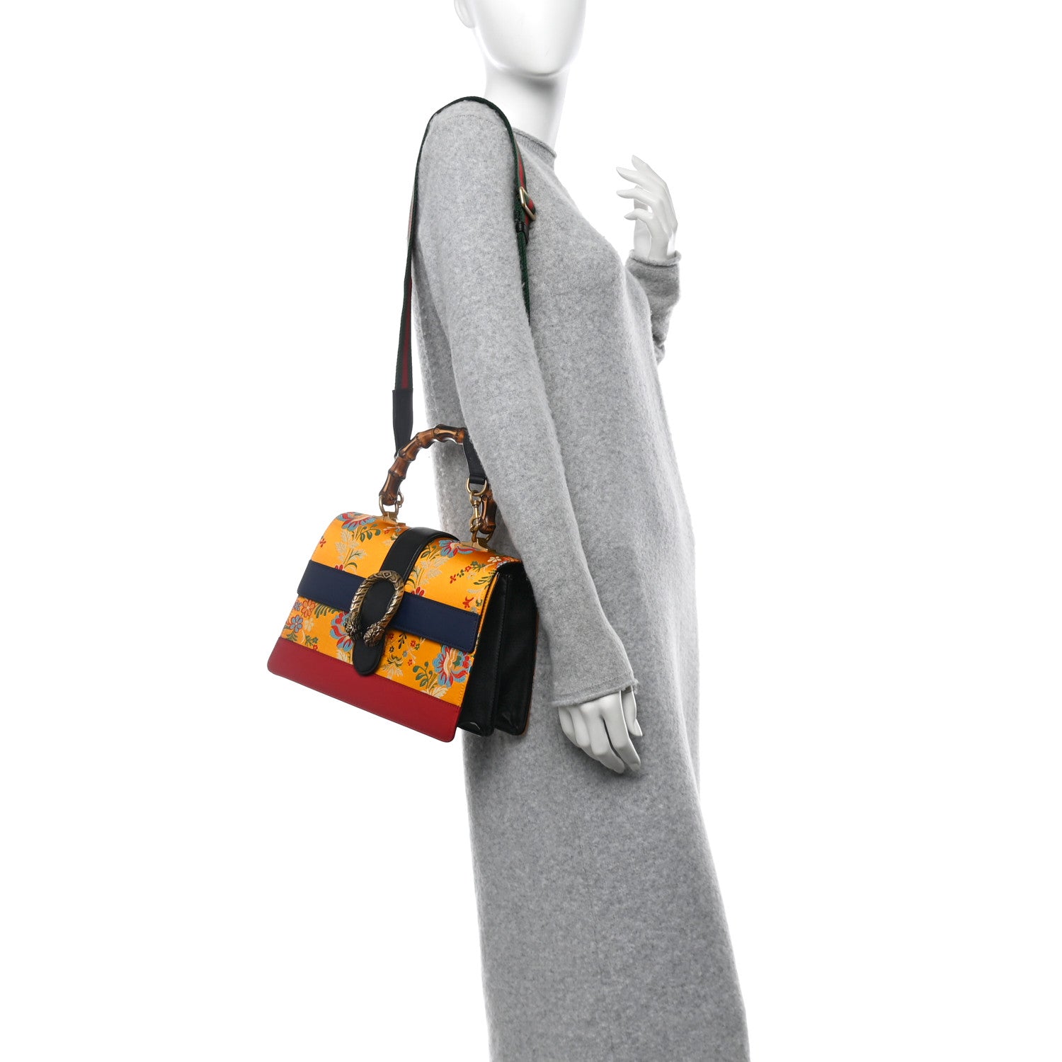 Gucci Satin Calfskin Bamboo Web Tokyo Print Medium Dionysus Top Handle Bag Giallo Multicolor Blue Agata Hibiscus Red 2 of 10
