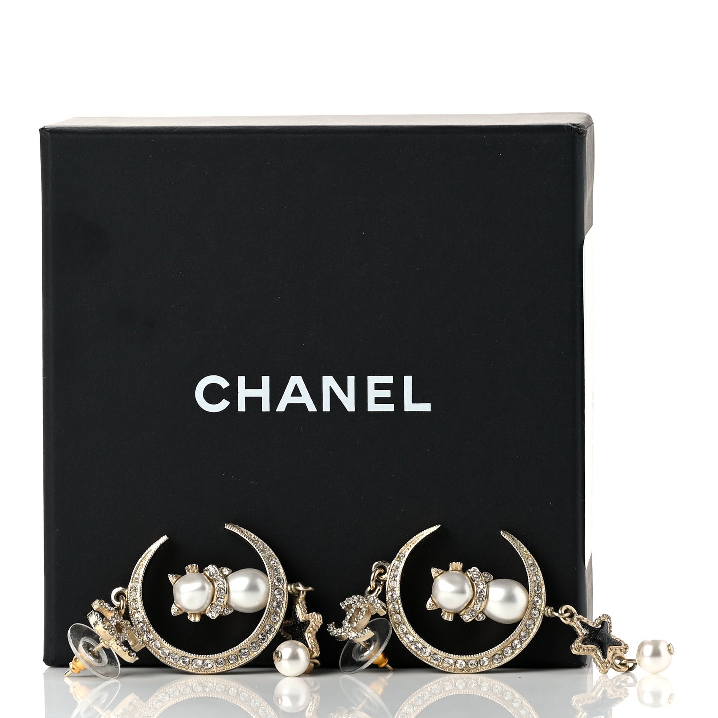 Metal Glass Crystal CC Cat Moon Earrings Gold