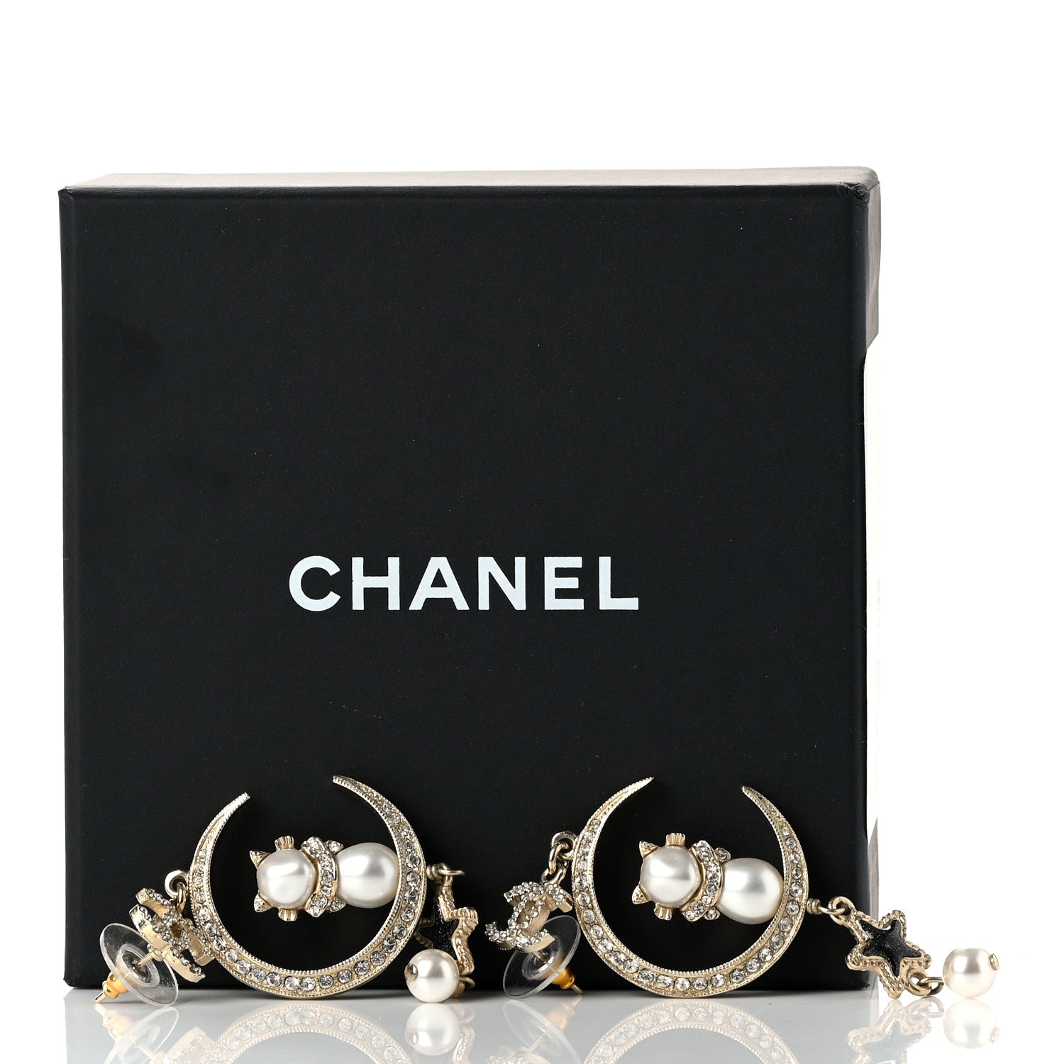 Chanel Metal Glass Crystal CC Cat Moon Earrings Gold 6 of 6