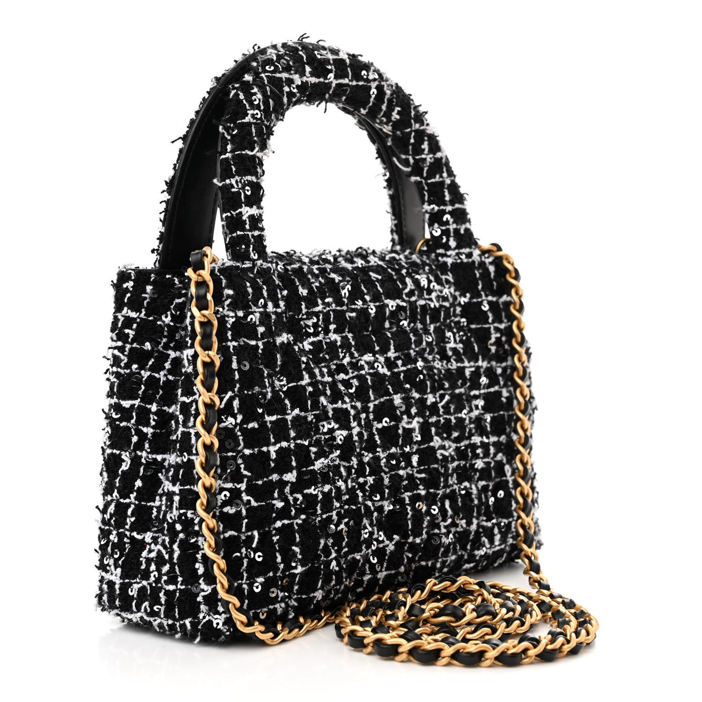 Tweed Quilted Nano Kelly Shopper Black White