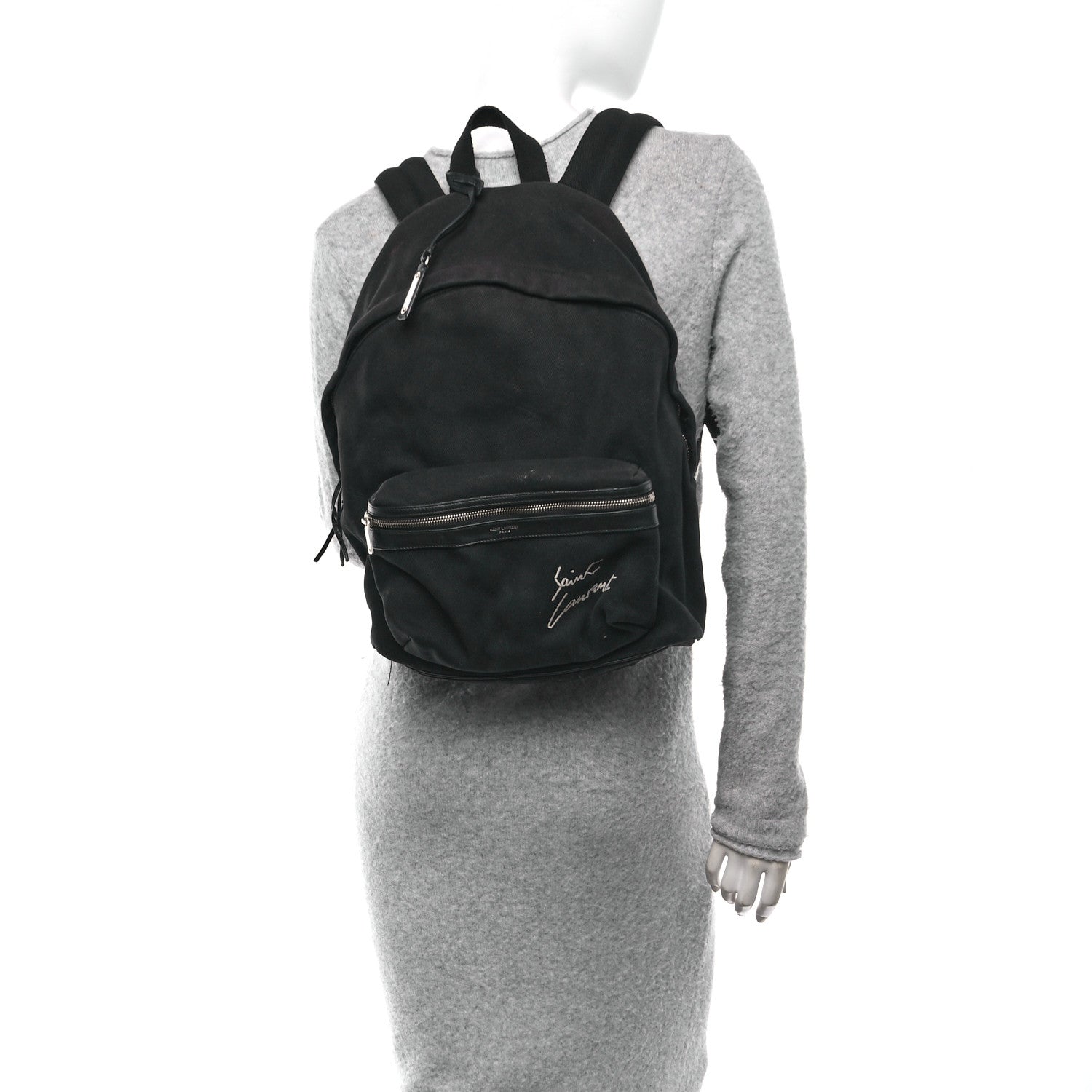 Saint Laurent Canvas Signature Embroidered City Backpack Black