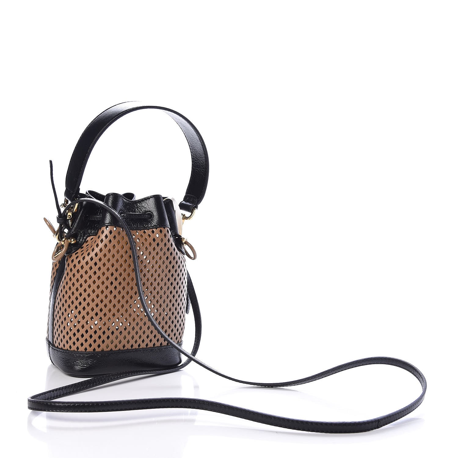 Fendi Vitello Liberty Glossy Lambskin F is Fendi Perforated Mini Mon Tresor Bucket Bag Sand Mimosa Black 3 of 9