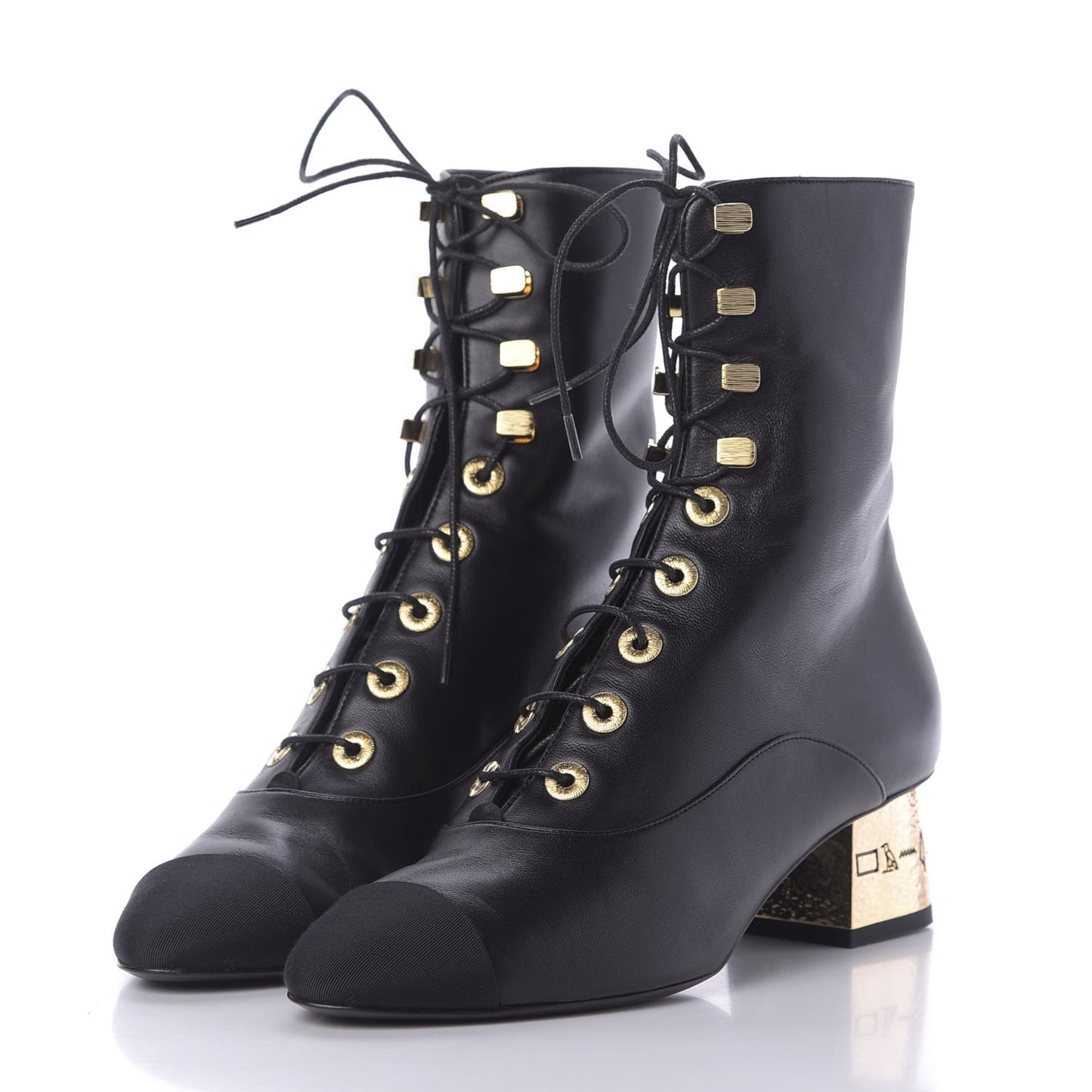 Lambskin Grosgrain Cap Toe Egyptian Amulet CC Lace Up Boots 37 Black