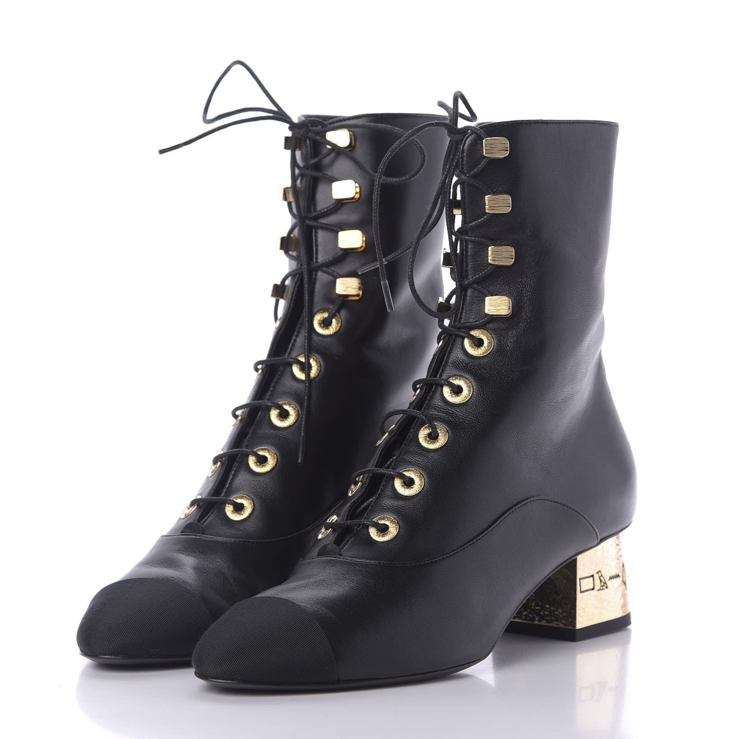 Chanel Lambskin Grosgrain Cap Toe Egyptian Amulet CC Lace Up Boots 37 Black 2 of 9