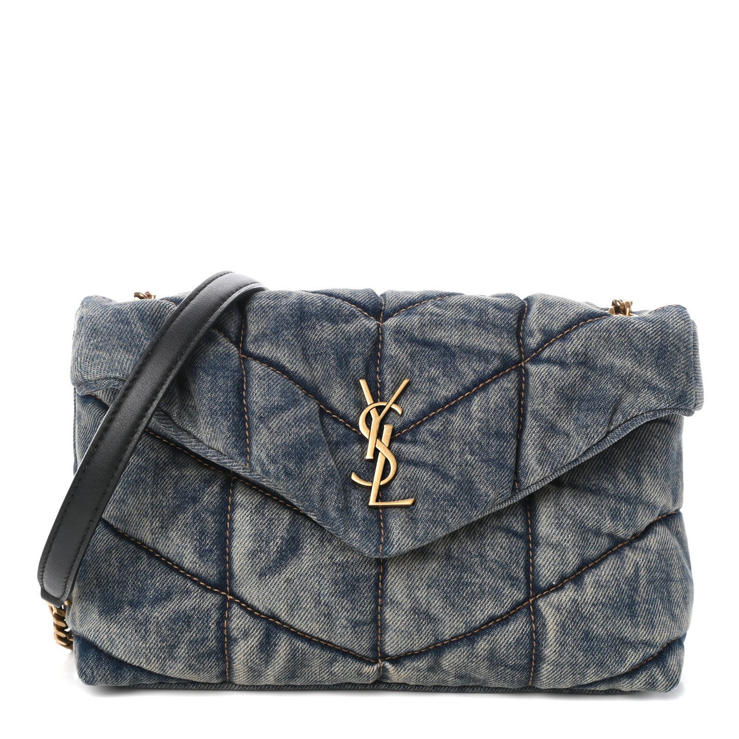 Denim Quilted Toy Loulou Puffer Monogram Chain Satchel Blue Black