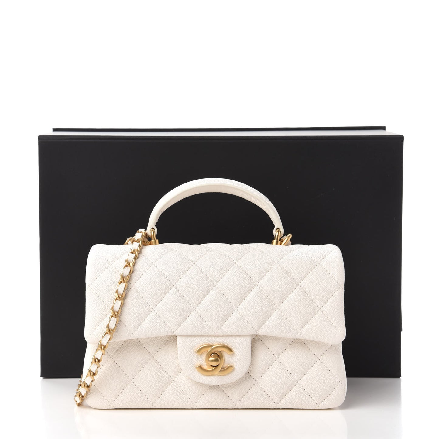 Caviar Quilted Mini Top Handle Rectangular Flap White